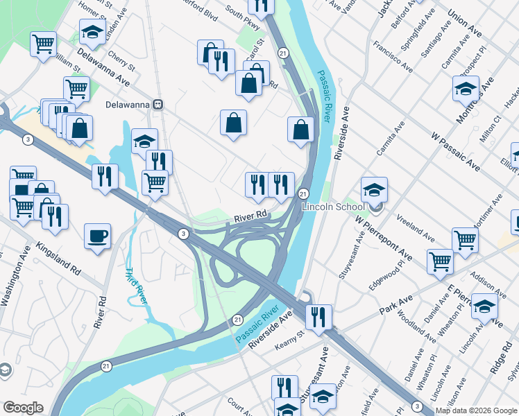 map of restaurants, bars, coffee shops, grocery stores, and more near 321 River Road in Clifton