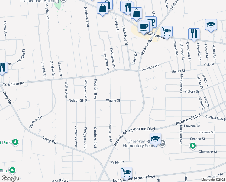 map of restaurants, bars, coffee shops, grocery stores, and more near 185 San Juan Drive in Hauppauge