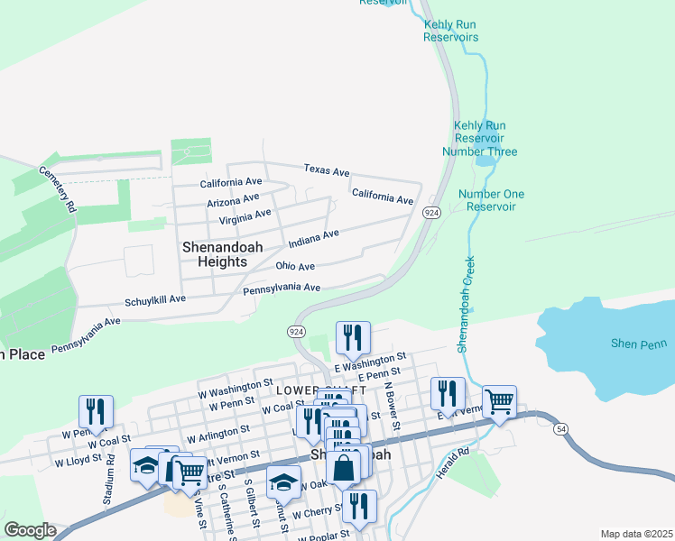 map of restaurants, bars, coffee shops, grocery stores, and more near 378 Ohio Avenue in Shenandoah