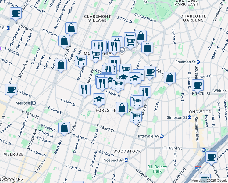 map of restaurants, bars, coffee shops, grocery stores, and more near 1097 Jackson Avenue in Bronx