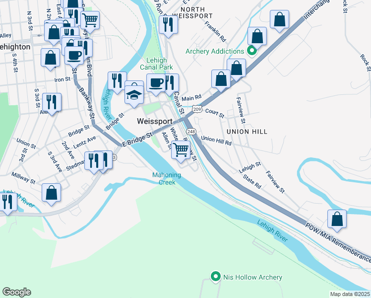 map of restaurants, bars, coffee shops, grocery stores, and more near 411 White Street in Lehighton