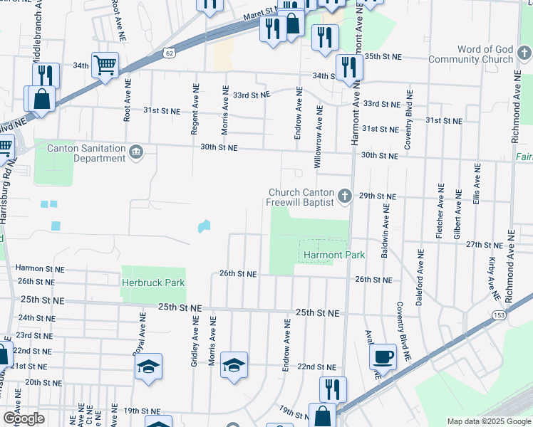 map of restaurants, bars, coffee shops, grocery stores, and more near 2730 Dorothy Avenue Northeast in Canton