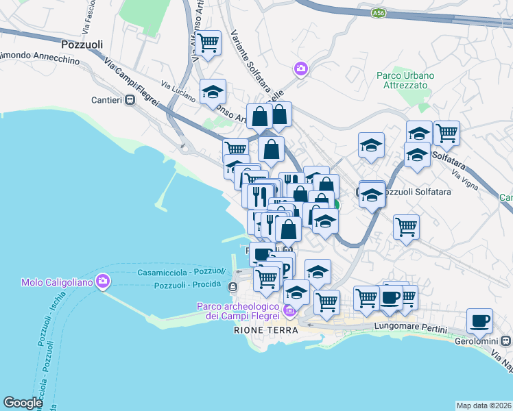 map of restaurants, bars, coffee shops, grocery stores, and more near 41 Via Roma in Pozzuoli