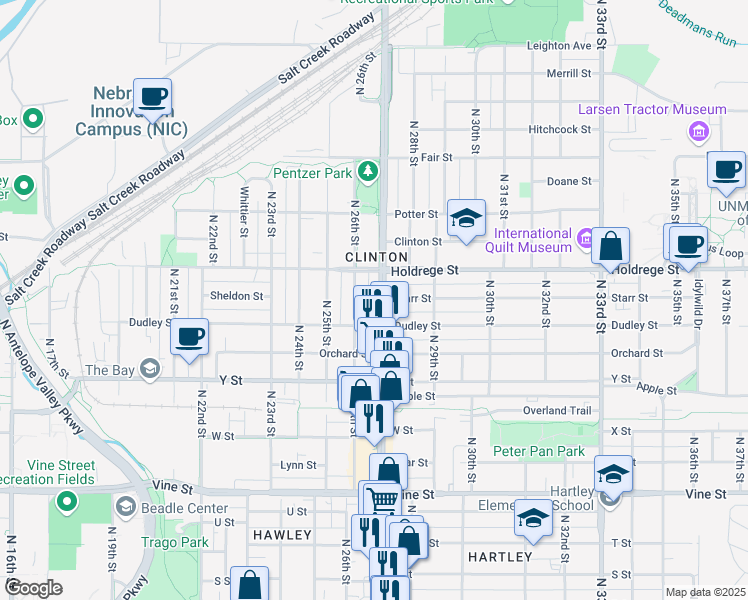 map of restaurants, bars, coffee shops, grocery stores, and more near 1345 N 27th St in Lincoln