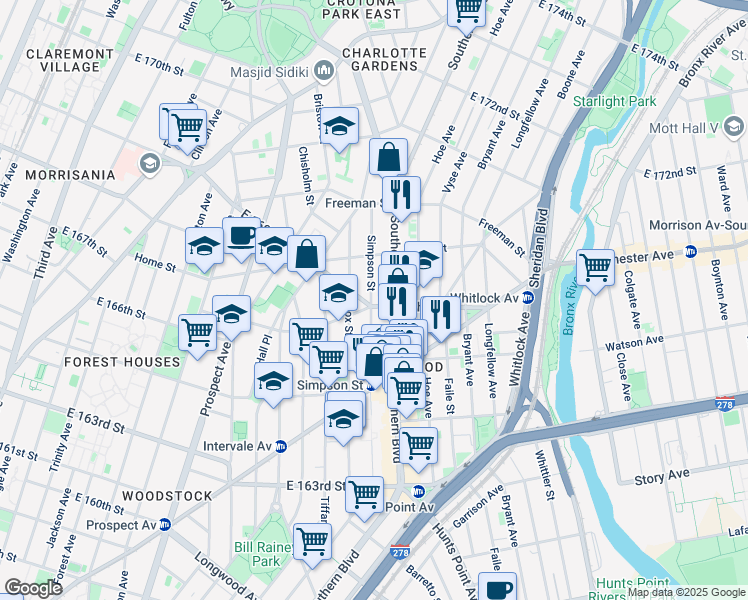 map of restaurants, bars, coffee shops, grocery stores, and more near 1124 Simpson Street in The Bronx