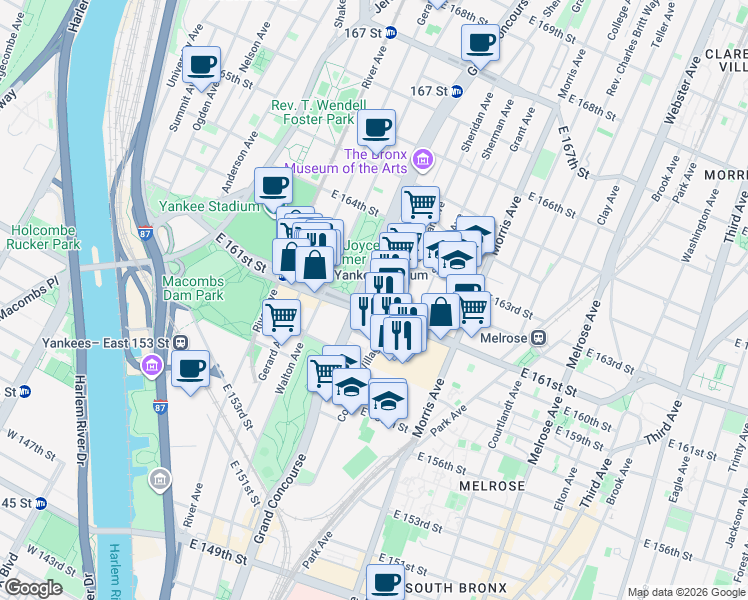 map of restaurants, bars, coffee shops, grocery stores, and more near 900 Grand Concourse in The Bronx