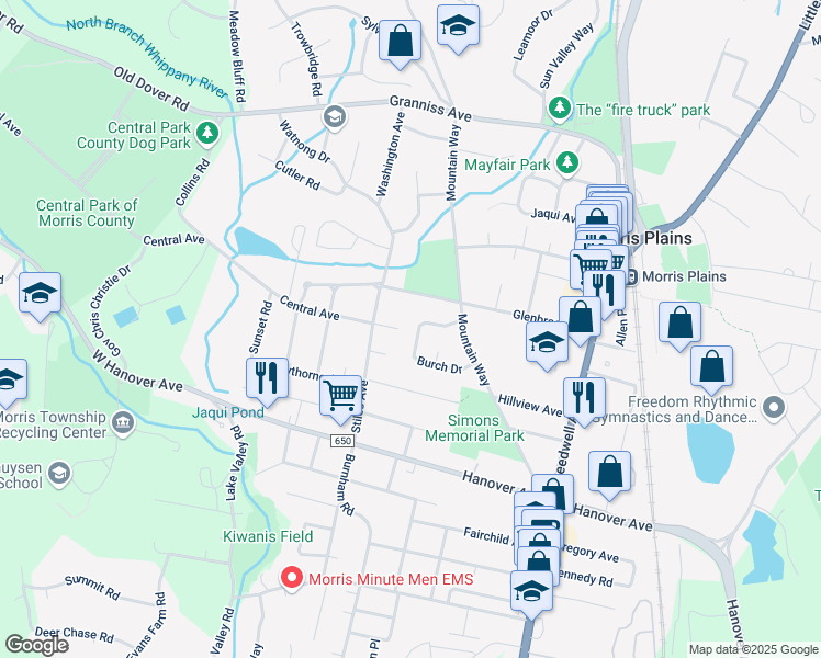 map of restaurants, bars, coffee shops, grocery stores, and more near 23 Burch Drive in Morris Plains