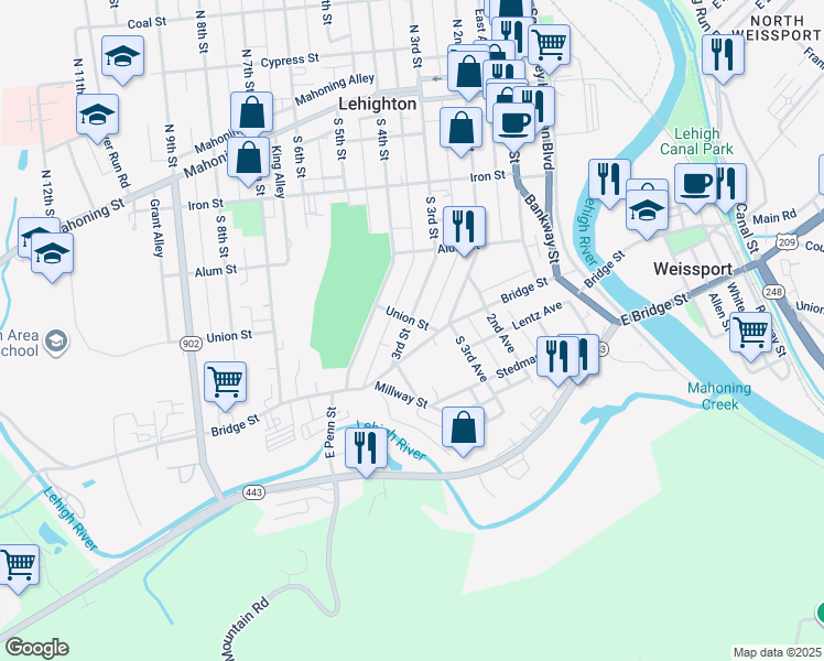map of restaurants, bars, coffee shops, grocery stores, and more near 409 South 3rd Street in Lehighton