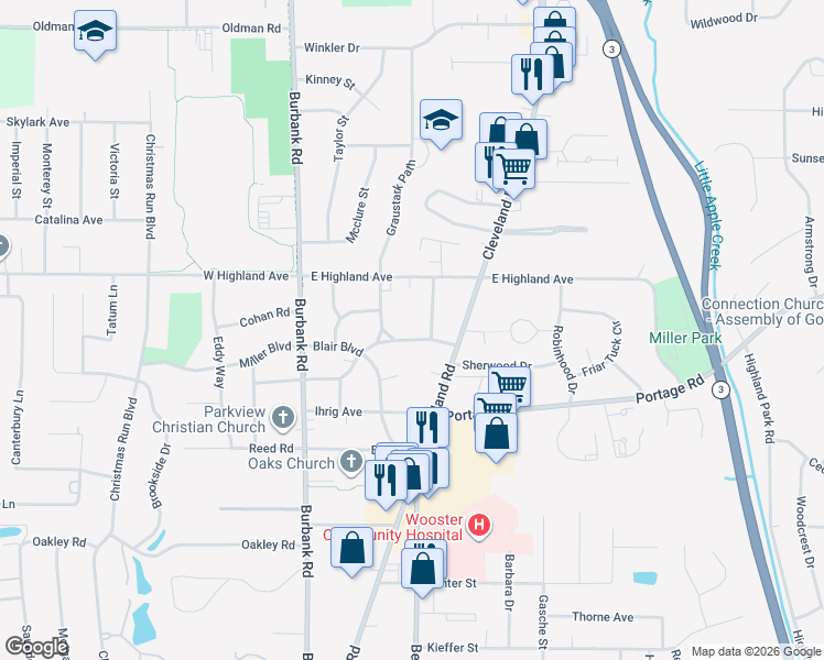 map of restaurants, bars, coffee shops, grocery stores, and more near 444 East Beverly Road in Wooster