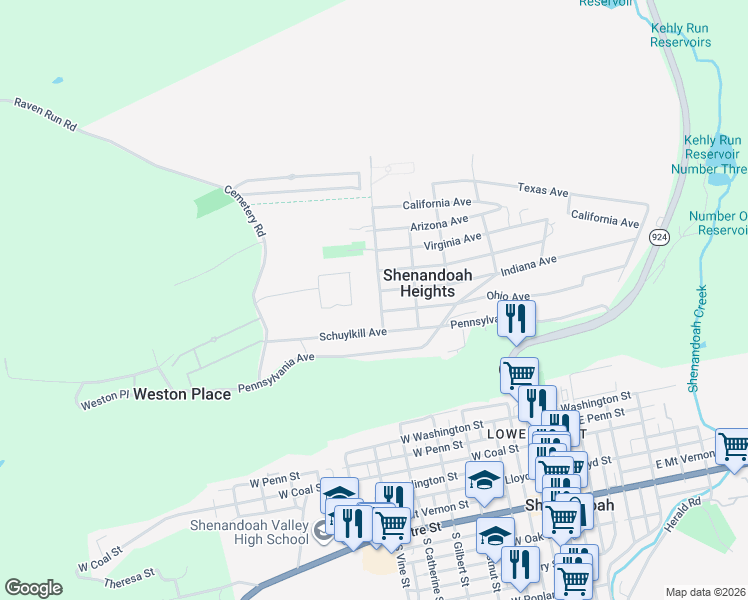 map of restaurants, bars, coffee shops, grocery stores, and more near 84 Swatara Road in Shenandoah