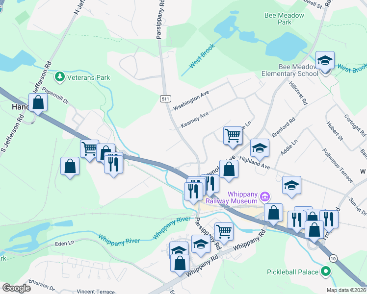 map of restaurants, bars, coffee shops, grocery stores, and more near 97 Parsippany Road in Hanover