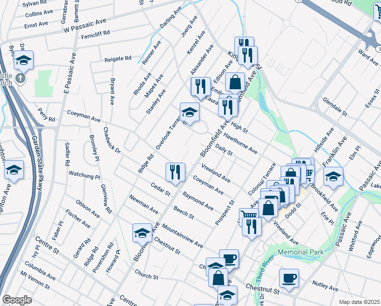 map of restaurants, bars, coffee shops, grocery stores, and more near 32 Forest Ave in Nutley