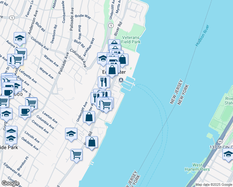 map of restaurants, bars, coffee shops, grocery stores, and more near 100 Tower Drive in Edgewater