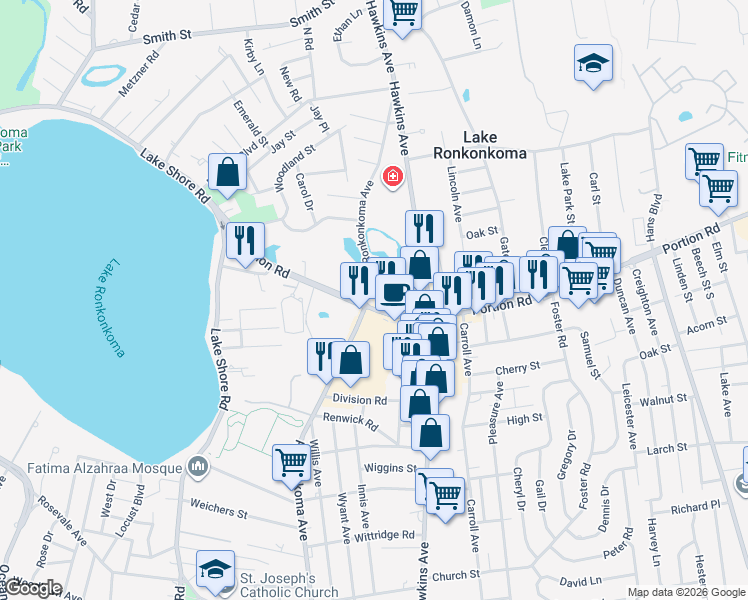 map of restaurants, bars, coffee shops, grocery stores, and more near 115 Portion Road in Ronkonkoma