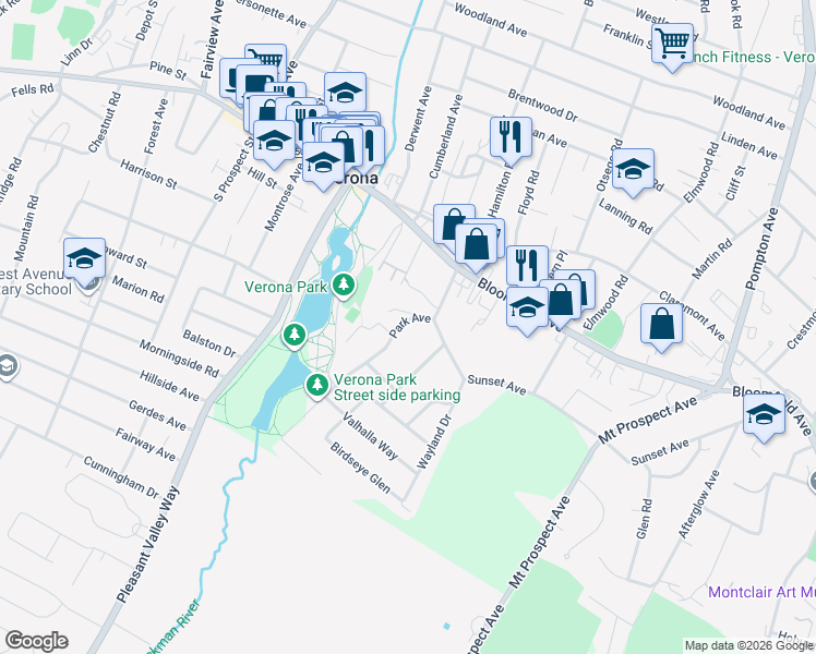 map of restaurants, bars, coffee shops, grocery stores, and more near 65 Park Avenue in Verona