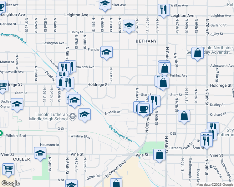 map of restaurants, bars, coffee shops, grocery stores, and more near 1408 North 61st Street in Lincoln