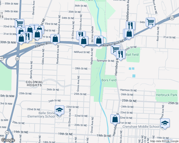 map of restaurants, bars, coffee shops, grocery stores, and more near 1639 27th Street Northeast in Canton