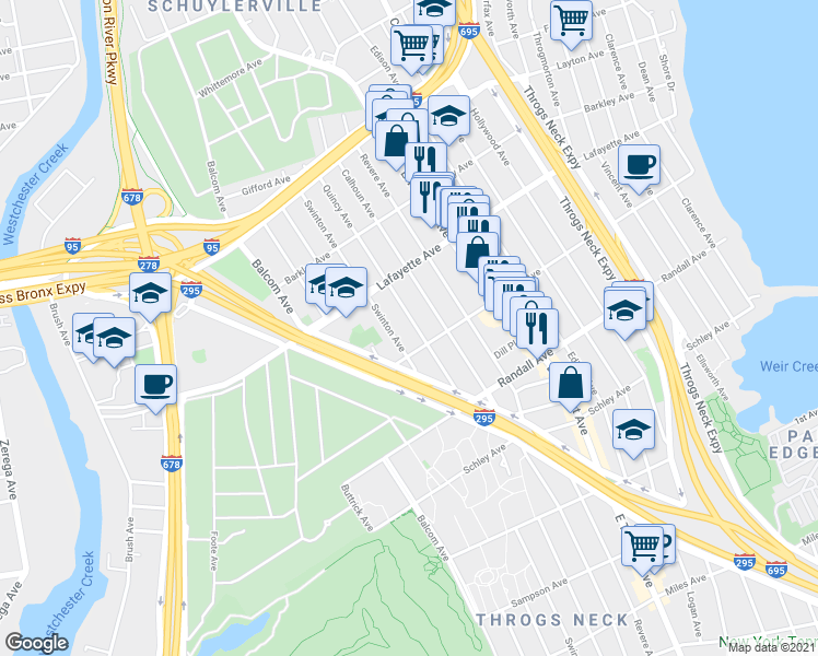 map of restaurants, bars, coffee shops, grocery stores, and more near 821 Quincy Avenue in Bronx