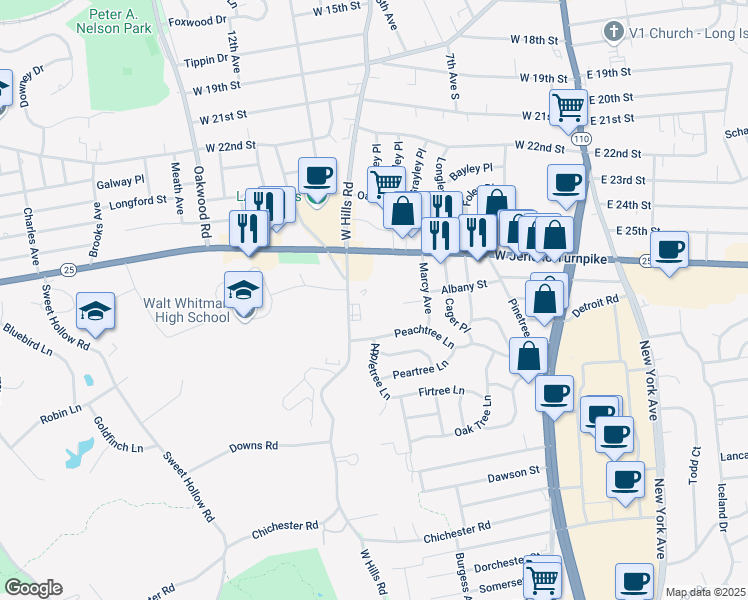 map of restaurants, bars, coffee shops, grocery stores, and more near 300 West Hills Road in Huntington Station