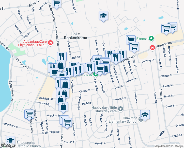 map of restaurants, bars, coffee shops, grocery stores, and more near 256 County Road 16 in Lake Ronkonkoma