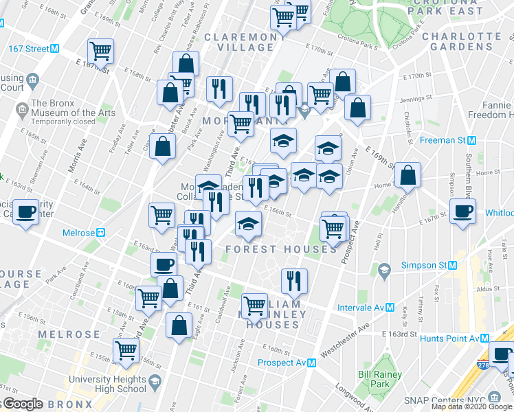 map of restaurants, bars, coffee shops, grocery stores, and more near 1086 Boston Road in Bronx
