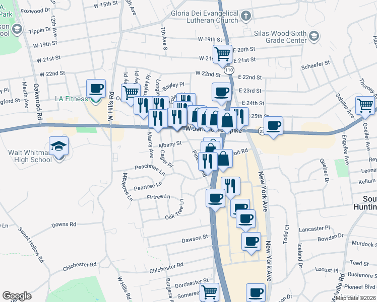 map of restaurants, bars, coffee shops, grocery stores, and more near 9 Pinetree Road in Huntington Station