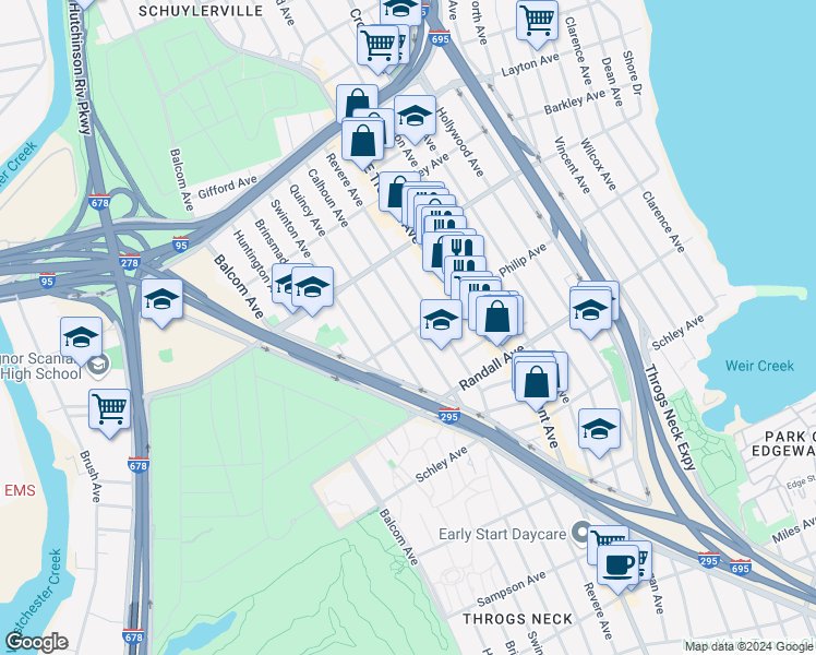 map of restaurants, bars, coffee shops, grocery stores, and more near 801 Calhoun Avenue in Bronx