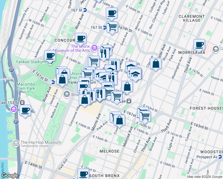 map of restaurants, bars, coffee shops, grocery stores, and more near 928 Morris Avenue in The Bronx