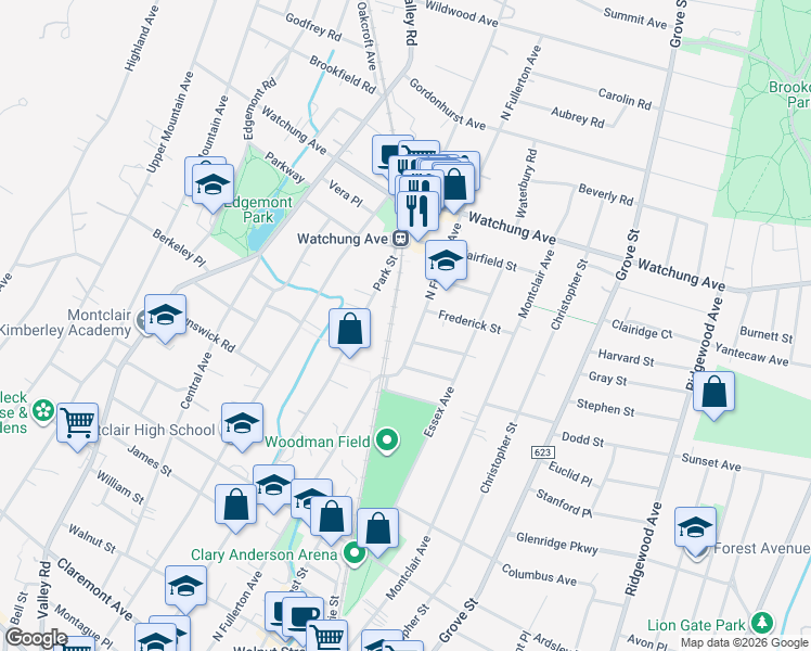 map of restaurants, bars, coffee shops, grocery stores, and more near 282 North Fullerton Avenue in Montclair
