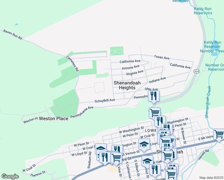 map of restaurants, bars, coffee shops, grocery stores, and more near 86 Swatara Road in Shenandoah