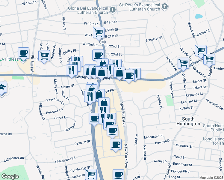 map of restaurants, bars, coffee shops, grocery stores, and more near 4 Detroit Road in Huntington Station