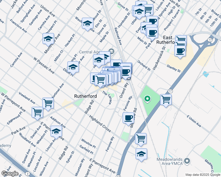 map of restaurants, bars, coffee shops, grocery stores, and more near 1 Williams Plaza in Rutherford
