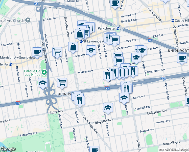 map of restaurants, bars, coffee shops, grocery stores, and more near 1060 Beach Avenue in The Bronx