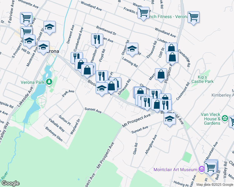 map of restaurants, bars, coffee shops, grocery stores, and more near 10 Elmwood Road in Verona