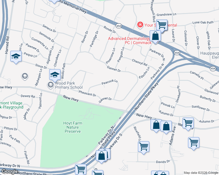 map of restaurants, bars, coffee shops, grocery stores, and more near 3 Finch Court in Commack