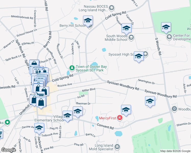 map of restaurants, bars, coffee shops, grocery stores, and more near 136 Syosset-Woodbury Road in Syosset