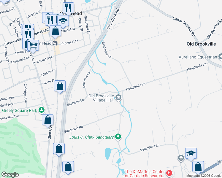 map of restaurants, bars, coffee shops, grocery stores, and more near 22 Eastview Lane in Glen Head