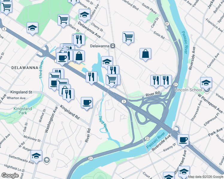 map of restaurants, bars, coffee shops, grocery stores, and more near 158 River Road in Clifton