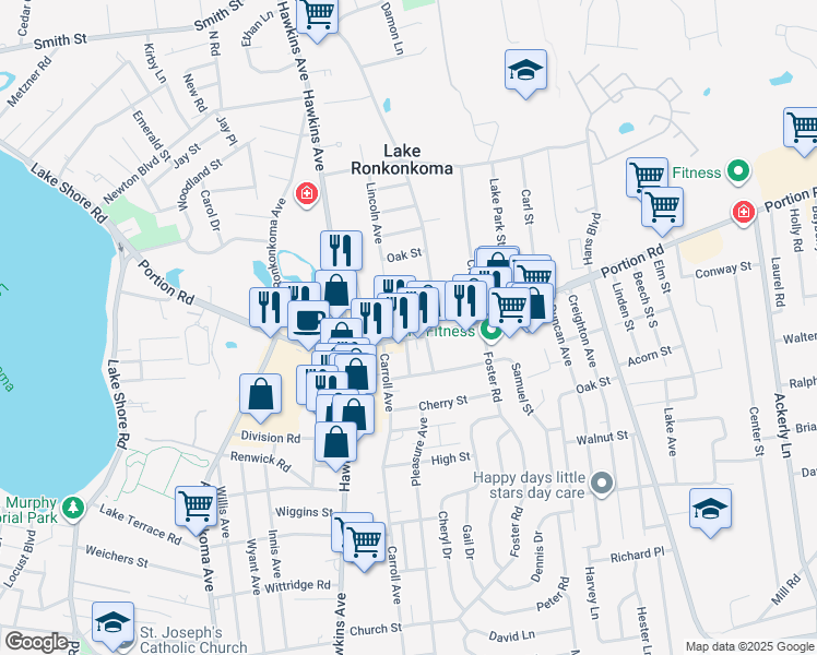 map of restaurants, bars, coffee shops, grocery stores, and more near 189b Portion Road in Lake Ronkonkoma