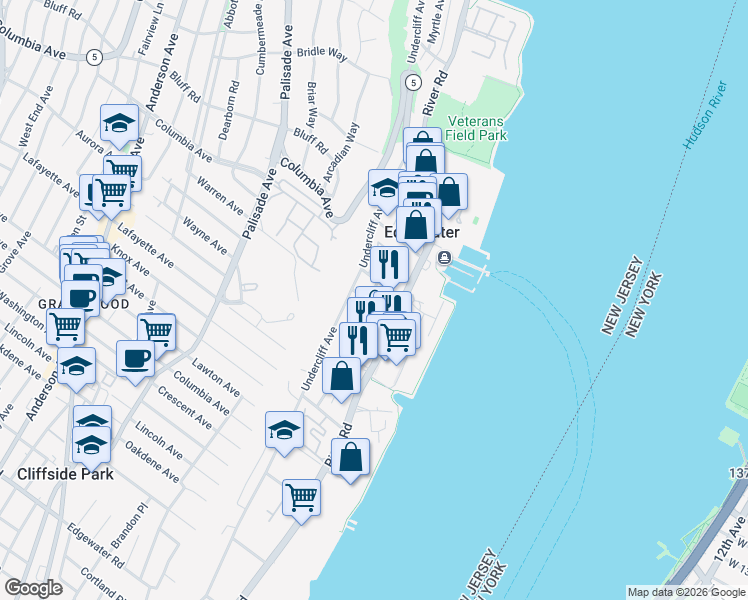map of restaurants, bars, coffee shops, grocery stores, and more near 10 Dempsey Avenue in Edgewater