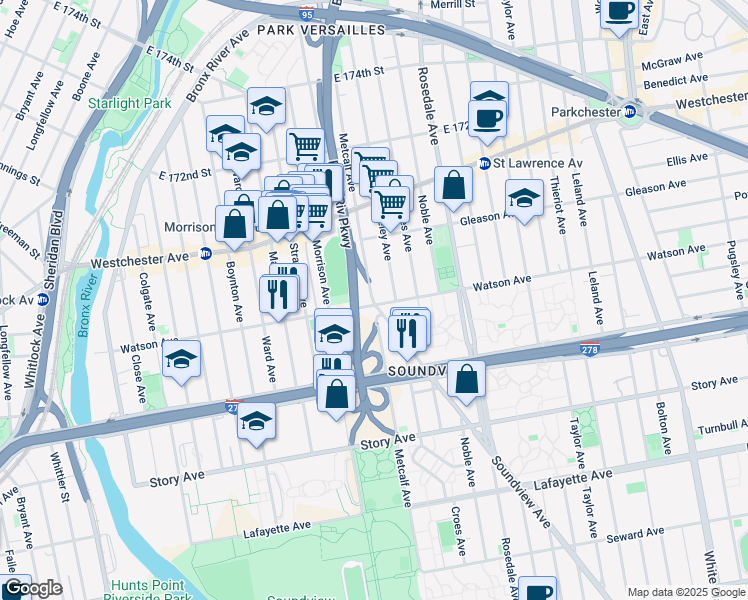 map of restaurants, bars, coffee shops, grocery stores, and more near in Bronx