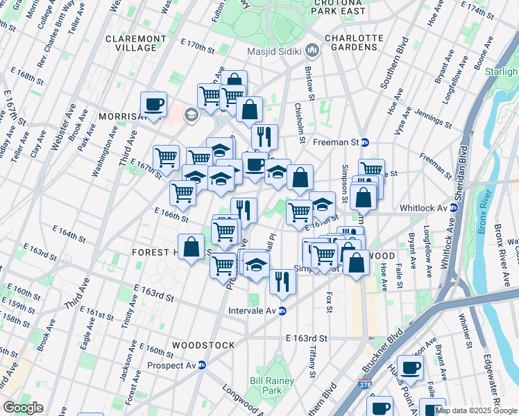 map of restaurants, bars, coffee shops, grocery stores, and more near 1180 Rev James A Polite Avenue in The Bronx