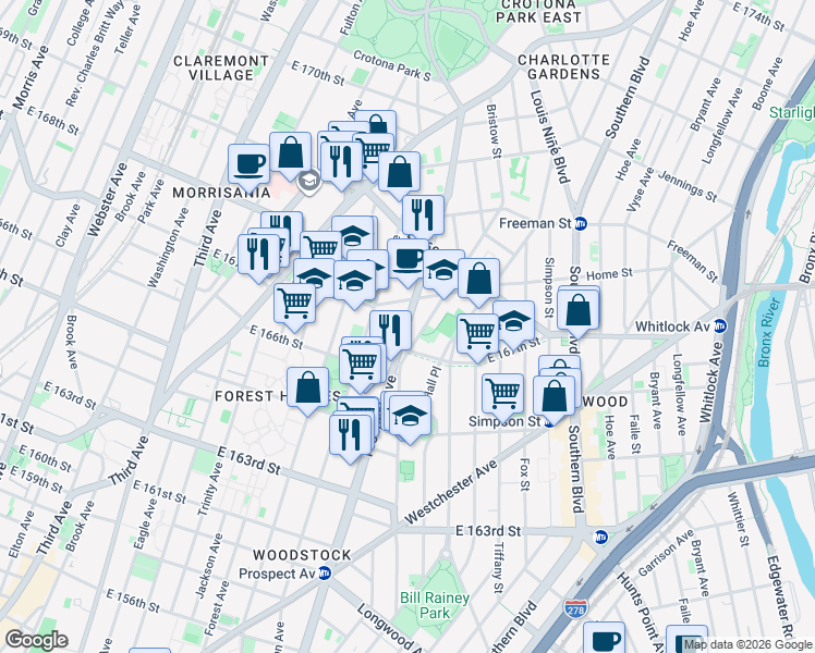 map of restaurants, bars, coffee shops, grocery stores, and more near 1137 Prospect Avenue in The Bronx