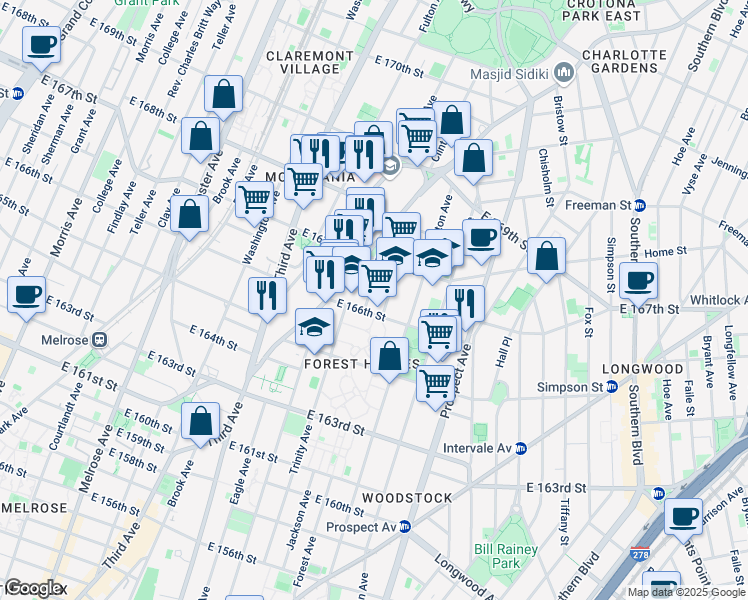 map of restaurants, bars, coffee shops, grocery stores, and more near 1097 Jackson Avenue in Bronx