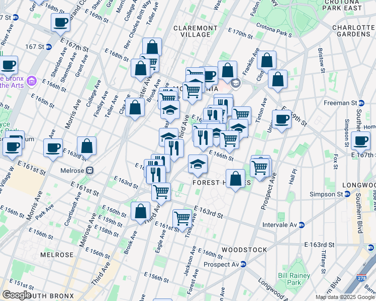 map of restaurants, bars, coffee shops, grocery stores, and more near 1074 Franklin Avenue in Bronx