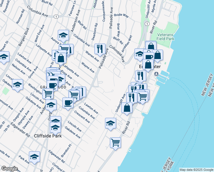 map of restaurants, bars, coffee shops, grocery stores, and more near 100 Winston Drive in Cliffside Park