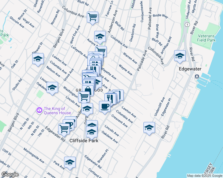 map of restaurants, bars, coffee shops, grocery stores, and more near 256 Grant Avenue in Cliffside Park