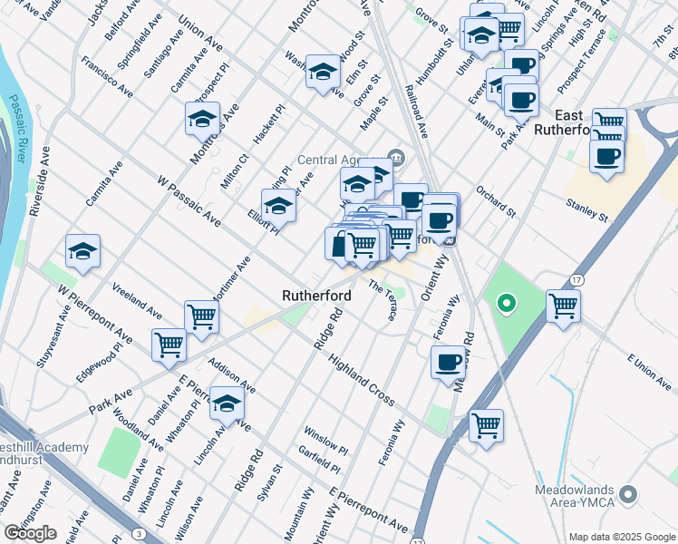 map of restaurants, bars, coffee shops, grocery stores, and more near 124 Park Avenue in Rutherford