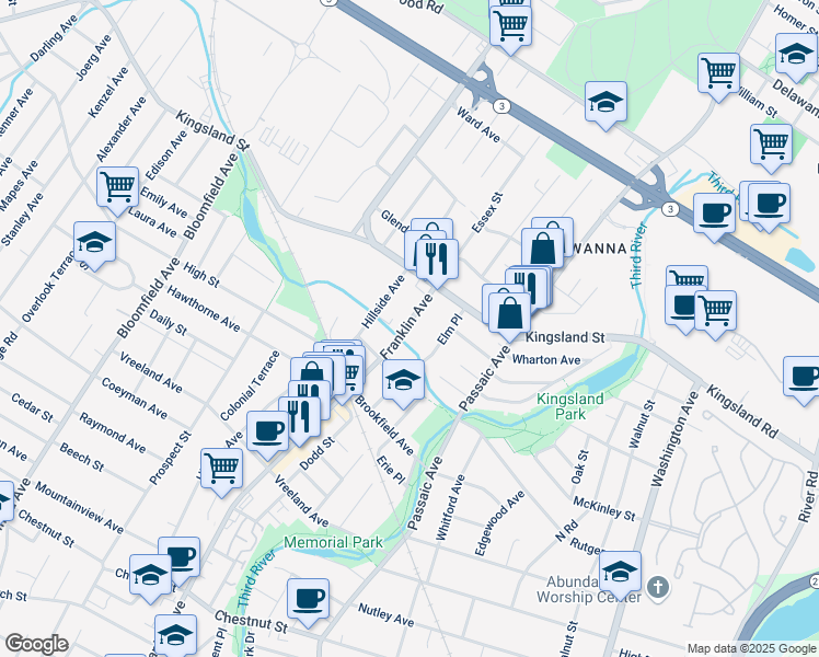 map of restaurants, bars, coffee shops, grocery stores, and more near 641 Franklin Avenue in Nutley
