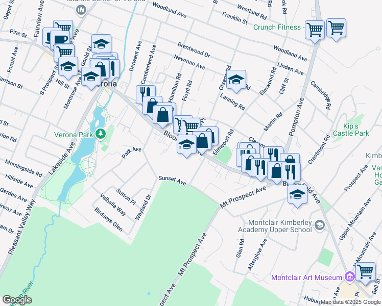 map of restaurants, bars, coffee shops, grocery stores, and more near 281 Bloomfield Avenue in Verona